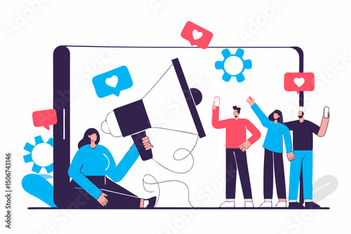Group promoting message through digital megaphone and emojis. Illustration