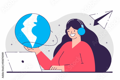 Woman with headset holding globe and working online with chat. Illustration