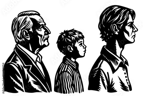 Three Generations A Black and White Illustration of Family Lineage, family, generations, black, white, portrait, figures, bond, stylized, visual, grandfather, faces, profile, serious, generation, pict
