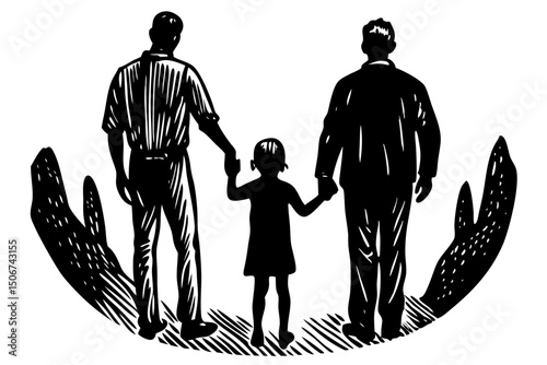 Two Fathers and Daughter Holding Hands Family Unity Illustration, family, fathers, daughter, unity, goals, bond, loving, diverse, visual, parents, parenting, affection, togetherness, bonding, relation