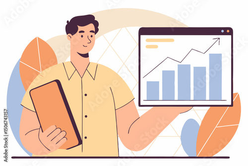 Man presenting growing chart on digital tablet. Illustration