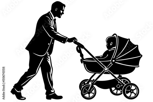 Fatherhood A Silhouette Illustration of a Dad Pushing a Baby Stroller, father, baby, stroller, silhouette, responsibility, royalty, bond, precious, affectionate, parenting, gentle, infant, aesthetic, 