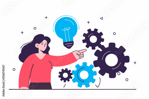 Woman pointing at lightbulb with gears illustration