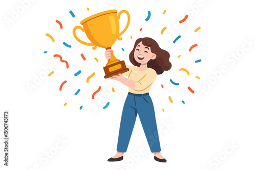 Happy woman holding gold trophy and celebrating success. Illustration