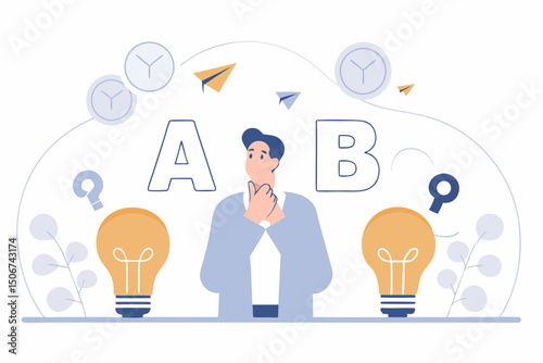 Man choosing between options A and B with lightbulbs and icons. Illustration