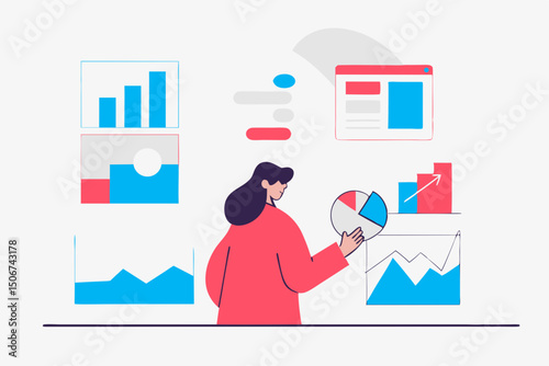 Woman analyzing multiple dashboards on screen. Illustration