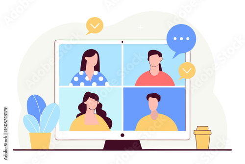 People having online meeting via video conference. Illustration