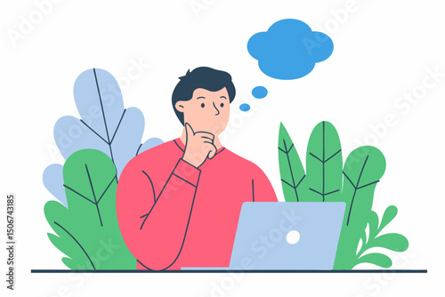 Man thinking with speech bubble over laptop. Illustration