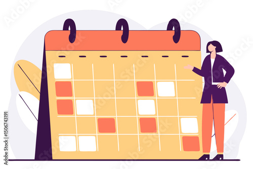 Businesswoman standing near large monthly calendar. Illustration