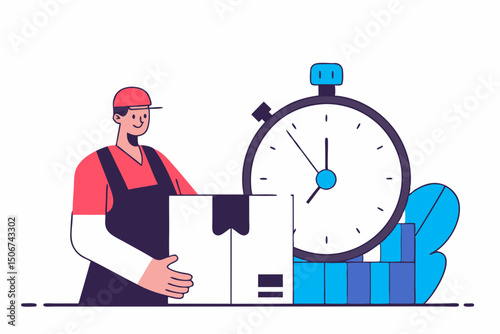 Courier in uniform with stopwatch and document in workspace. Illustration