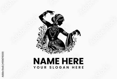 Graceful black and white silhouette of a traditional Indian dancer with flowing garments and intricate details. Cultural concept