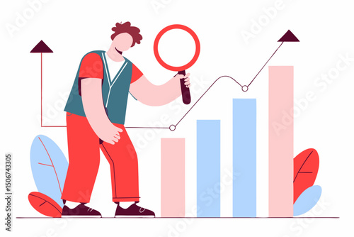 Man analyzing bar chart growth with magnifier and arrow. Illustration