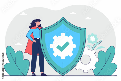 Woman in superhero cape standing near gear shield symbol. Illustration