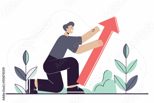 Man kneeling on ground pushing large red arrow upward. Illustration