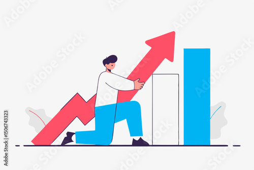 Businessman pushing red arrow up next to blue bar chart. Illustration