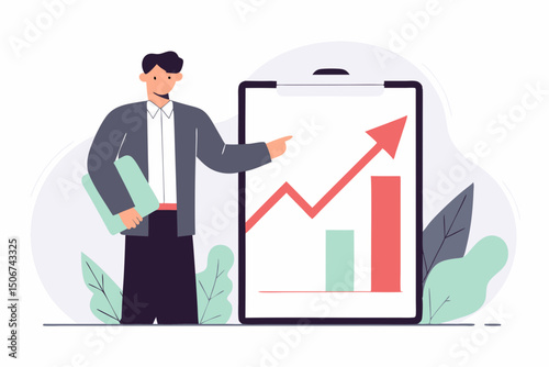 Businessman holding large smartphone with growth chart. Illustration