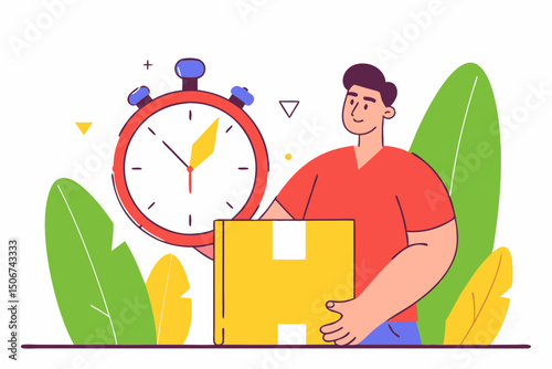 Man holding stopwatch with yellow box and plant background. Illustration