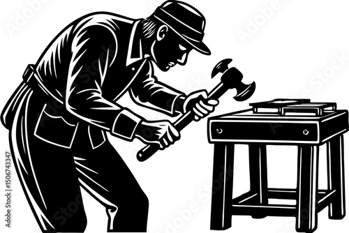 Blacksmith at Work Vintage Illustration of a Craftsman Hammering Metal, blacksmith, metalworking, craftsman, anvil, hammer, powerful, labor, creation, skill, effort, trade, picture, profession, monoch