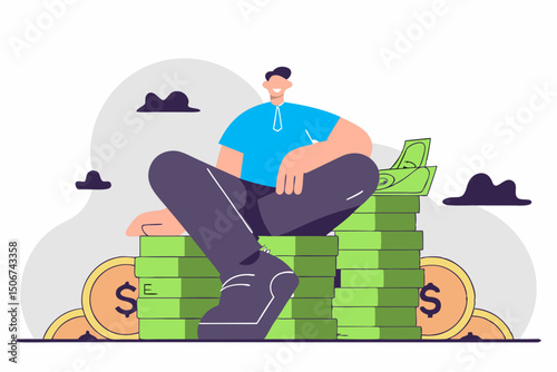 Man sitting on pile of money and coins outdoors. Illustration