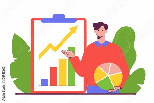 Man sitting with growing chart and large clipboard. Illustration