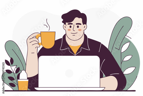 Man drinking coffee while working on laptop. Illustration
