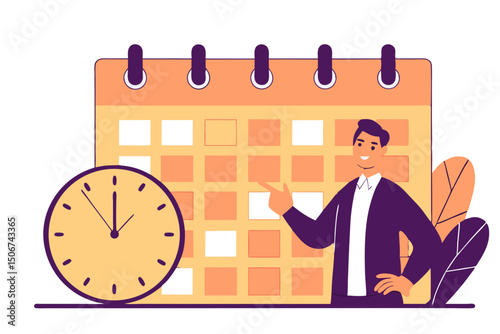 Businessman standing beside calendar and clock. Illustration