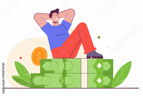 Relaxed man lying on money stacks. Illustration