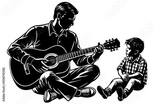 Father Teaching Son to Play Acoustic Guitar A Black and White Illustration, father, son, guitar, music, lesson, bond, teaching, talent, visual, serene, moment, passion, togetherness, feeling, memory, 