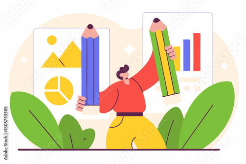 Man analyzing data and holding pencils in both hands. Illustration