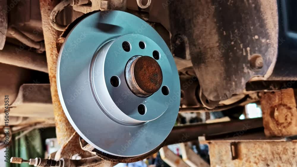 Newly installed rear brake disc on vehicle during repair work showing clean rotor surface