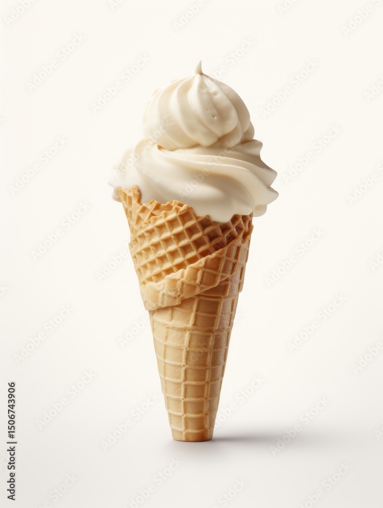 A delicious frozen dessert of vanilla ice cream in a wafer cone, a sweet and creamy cold snack A delicious frozen dessert of vanilla ice cream in a wafer cone, a sweet and creamy cold snack