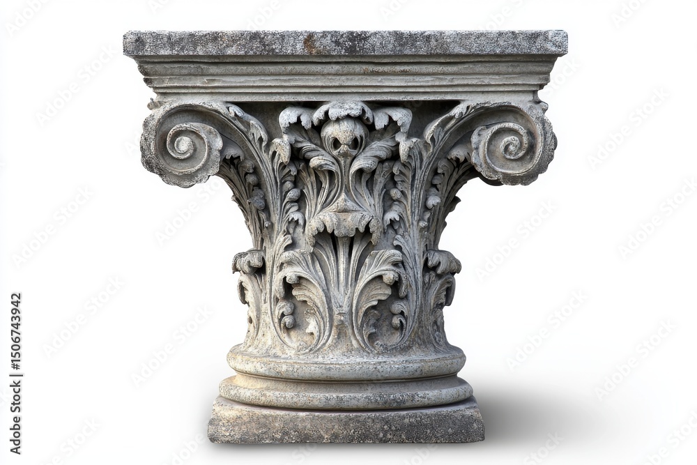 Fototapeta premium Antique stone column capital isolated on white background