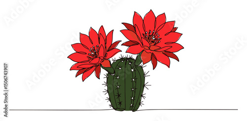flowering cactus with red blossoms – vector botanical art