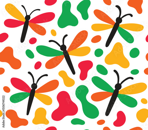Dragonfly, multicolored, style
color blobs, seamless, suitable for fashion design, decoration, fabric, wallpaper and printing on white background