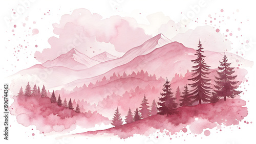 pink background with tree and mountains