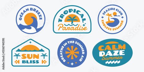 Summer badge, patch, label, stickers collection. Tropical sunset beach vibes design template.