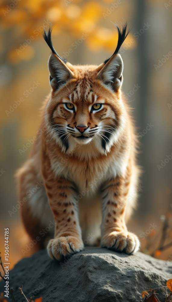 Fototapeta premium Majestic Lynx Portrait with Striking Ear Tufts in Autumn Forest