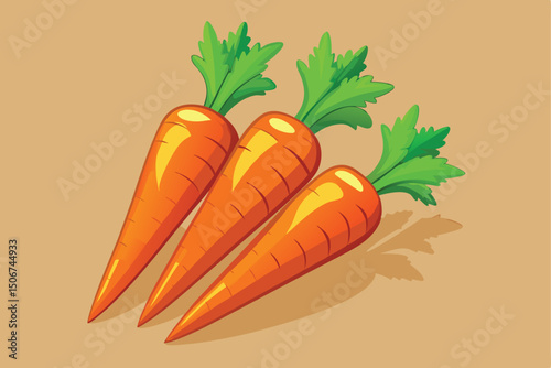 Three vibrant orange carrots with green tops on a tan background