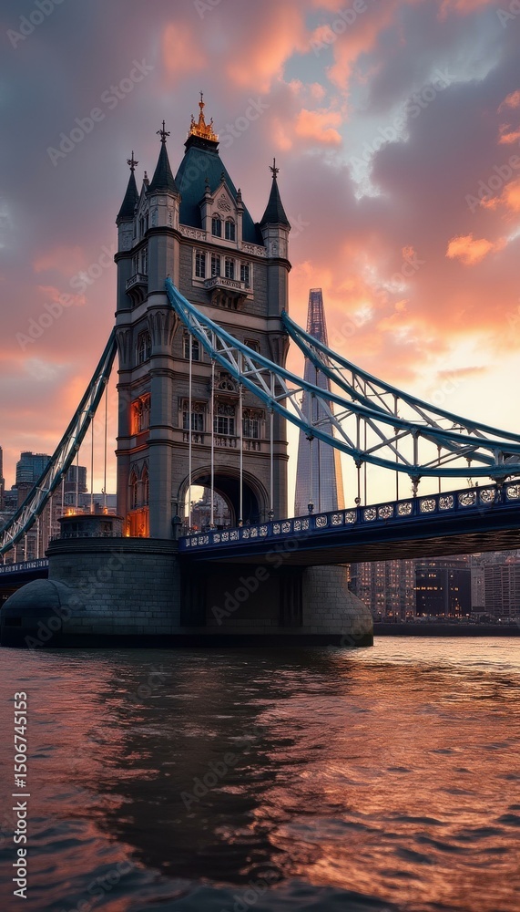 Obraz premium Impressive Towered Suspension Bridge Over Reflective Water at Colorful Sunset