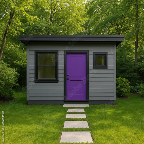 Modern grey garden shed with bright purple door stands on green lawn, surrounded by trees and greenery. Shed has flat roof and windows. Path of square stones leads to the entrance. Ideal for adu use