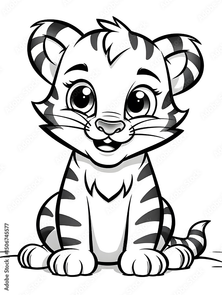 Fototapeta premium A cute cartoon baby tiger coloring page.