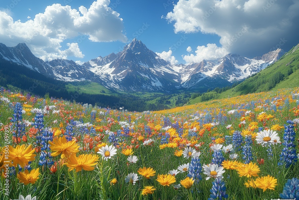 Fototapeta premium Alpine meadow wildflowers, sunny mountains