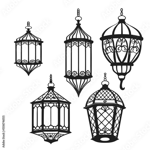 Islamic lantern element set for Ramadan in silhouettes. Arabic antique hanging oil lamp lights isolated vector.