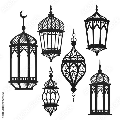 Islamic lantern element set for Ramadan in silhouettes. Arabic antique hanging oil lamp lights isolated vector.