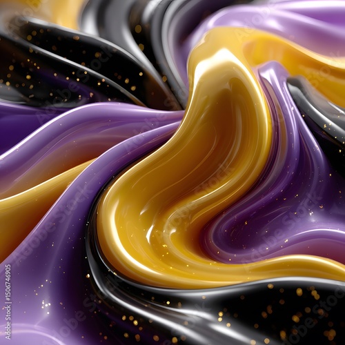 Swirling Abstract Composition of Glossy Purple, Gold, and Black