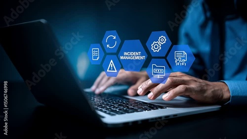 Business professional working on laptop with glowing icons of incident management, security incident alerts, and smart digital tools for response strategy