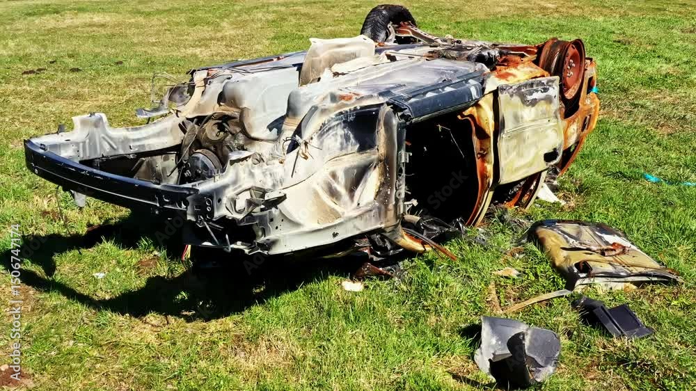 Burned car frame on grass field showing fire damage and stripped interior remains