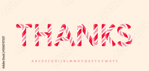 Candy cane style letters, word thanks. Striped festive typography looks sweet, cheerful. Perfect for Christmas cards, kids gifts, holiday packaging, seasonal banners. Vector illustration