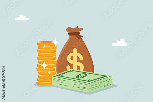 Illustration of money bags, stacks of dollars and gold coins. Wealth and banking icon.
