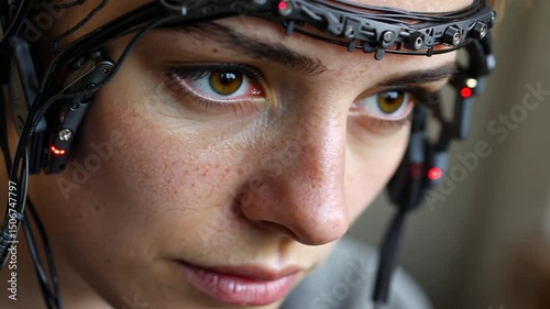 Close-up of a woman using advanced brain-computer interface technology
